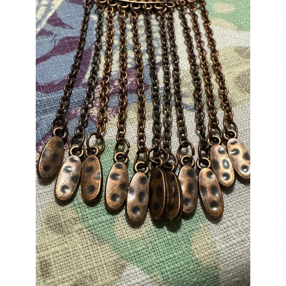 Boho Antiqued Copper Medallion Fringe Statement Necklace Geometric Tribal Drop